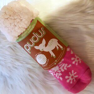 *NWT Pudus Cozy Soft Sherpa Slipper Socks Pink White Snowflakes